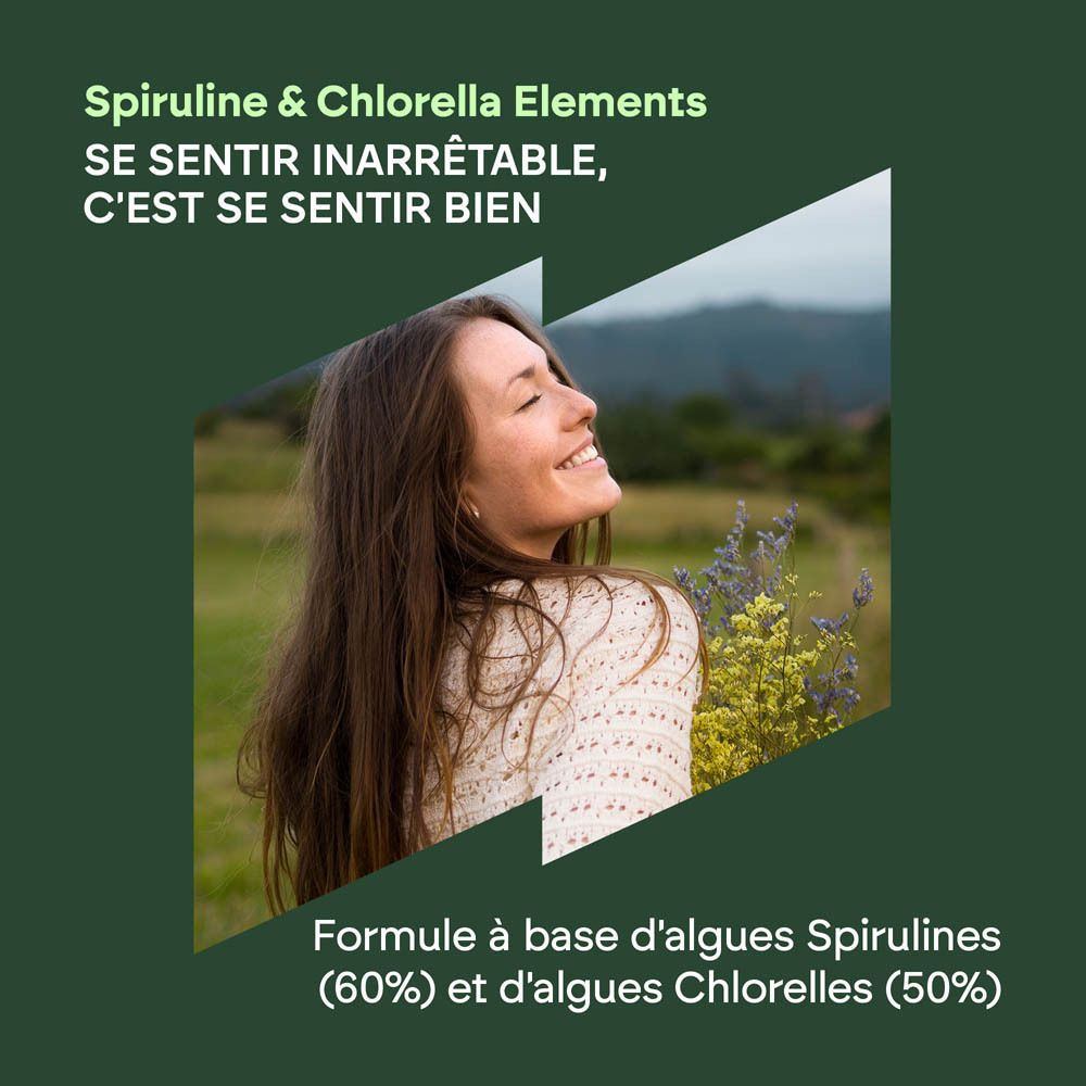 Femme souriante en extérieur, avec texte sur Nutralie Spiruline & Chlorella Elements.