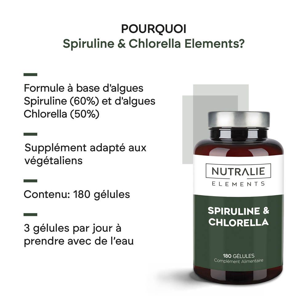 Graphique avec informations sur Nutralie Spiruline & Chlorella Elements, ingrédients inclus.