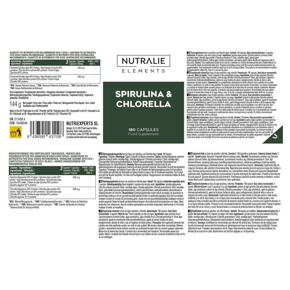 Bouteille Nutralie Spiruline & Chlorella Elements, 180 gélules, avec informations produit.