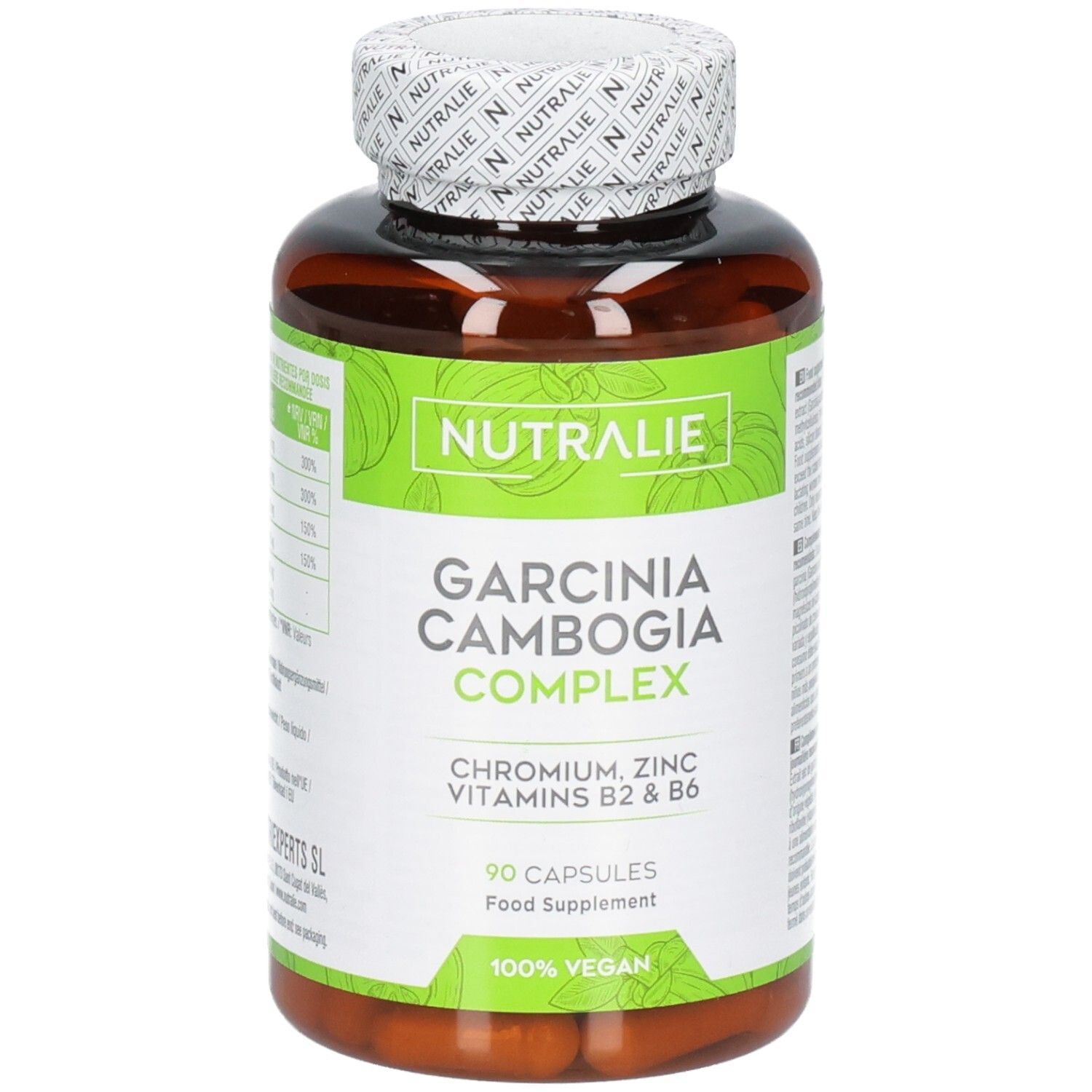 Flacon de gélules marron avec étiquette verte : Nutralie Garcinia Cambogia Complex, 90 gélules, 100% Vegan.