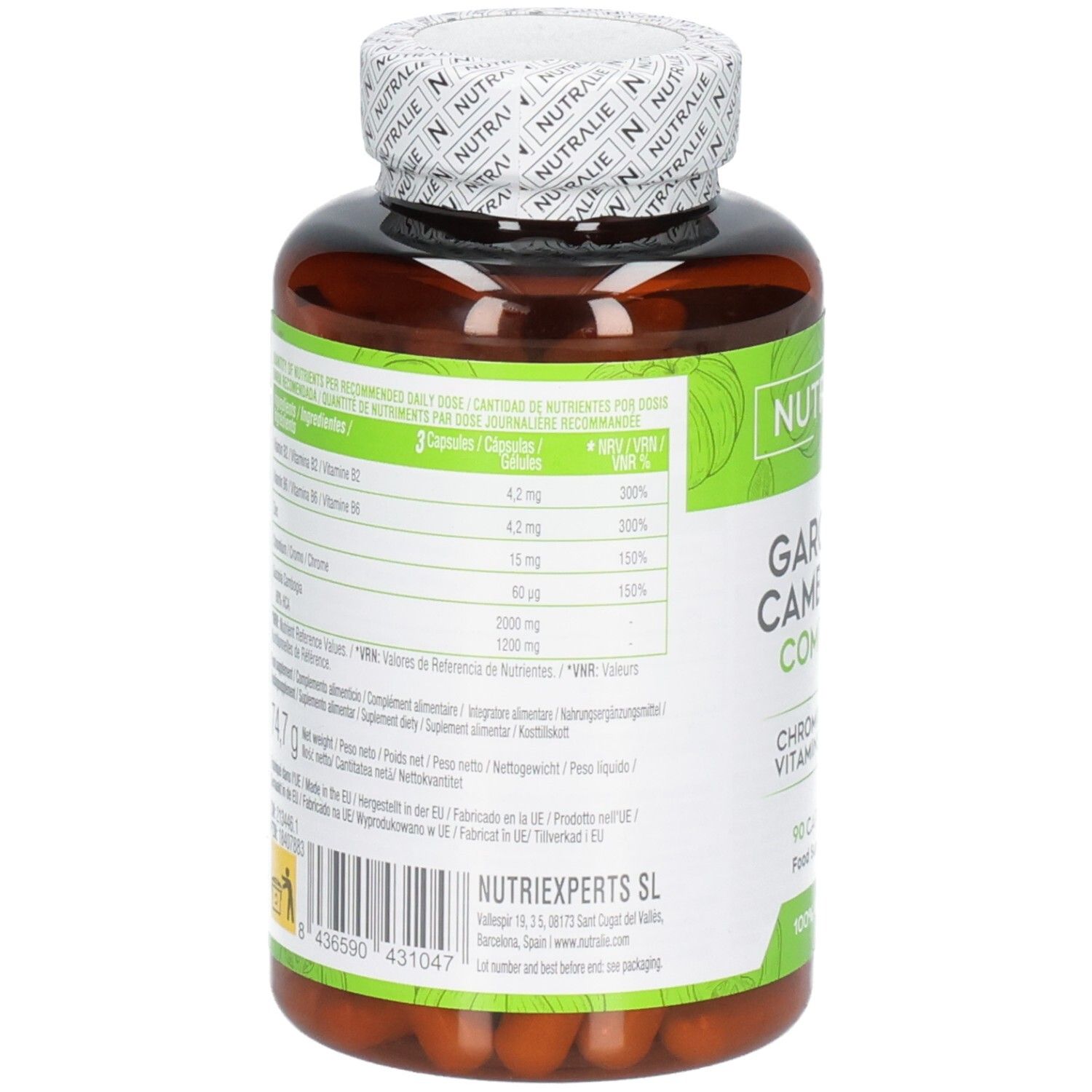 Arrière d'un flacon de gélules marron avec étiquette verte : Nutralie Garcinia Cambogia Complex, informations nutritionnelles, 90 gélules.