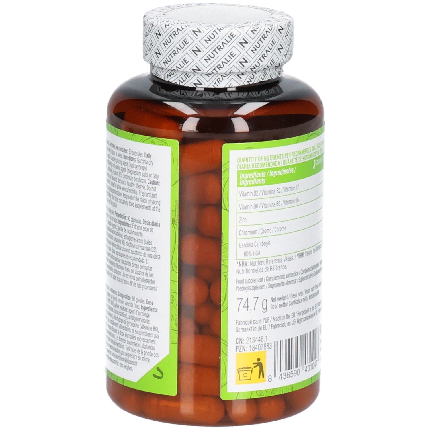 Vue latérale d'un flacon de gélules marron avec étiquette verte : Nutralie Garcinia Cambogia Complex, 90 gélules, 74,7g.