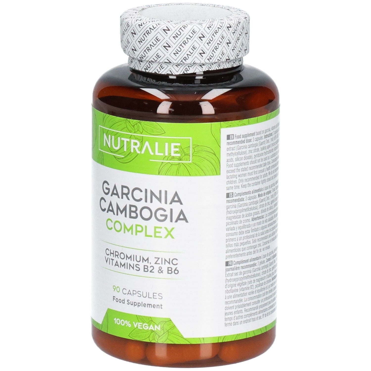 Flacon de gélules marron avec étiquette verte : Nutralie Garcinia Cambogia Complex, 90 gélules, 100% Vegan.