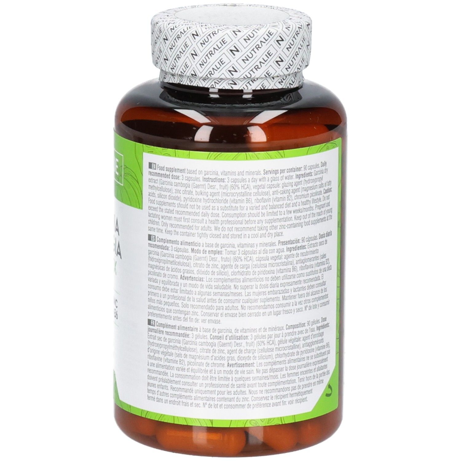 Arrière d'un flacon de gélules marron avec étiquette verte : Nutralie Garcinia Cambogia Complex, informations nutritionnelles, 90 gélules.