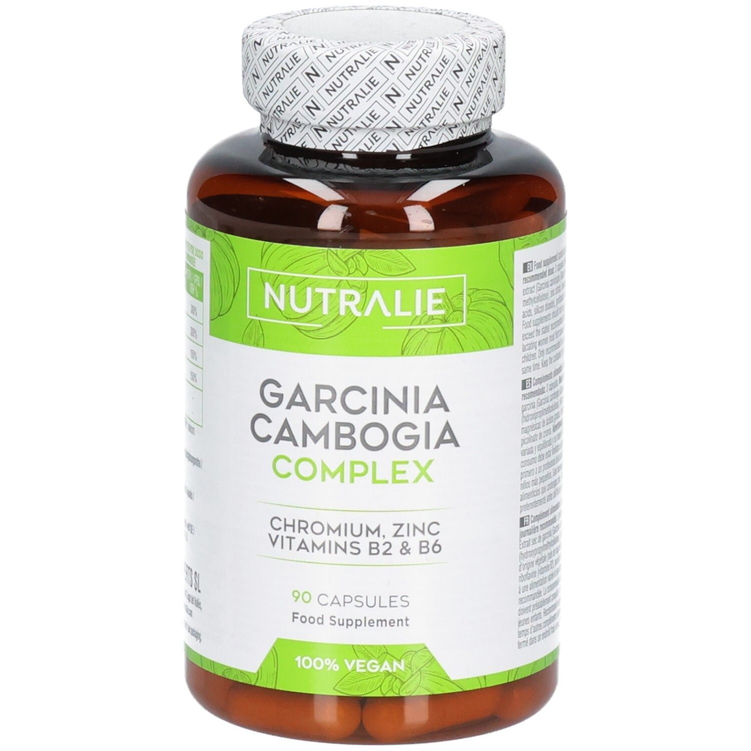 Flacon de gélules marron avec étiquette verte : Nutralie Garcinia Cambogia Complex, 90 gélules, 100% Vegan.