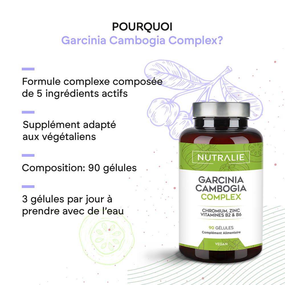 Flacon Nutralie Garcinia Cambogia Complex à côté d'une infographie. Contient 90 gélules, vegan.