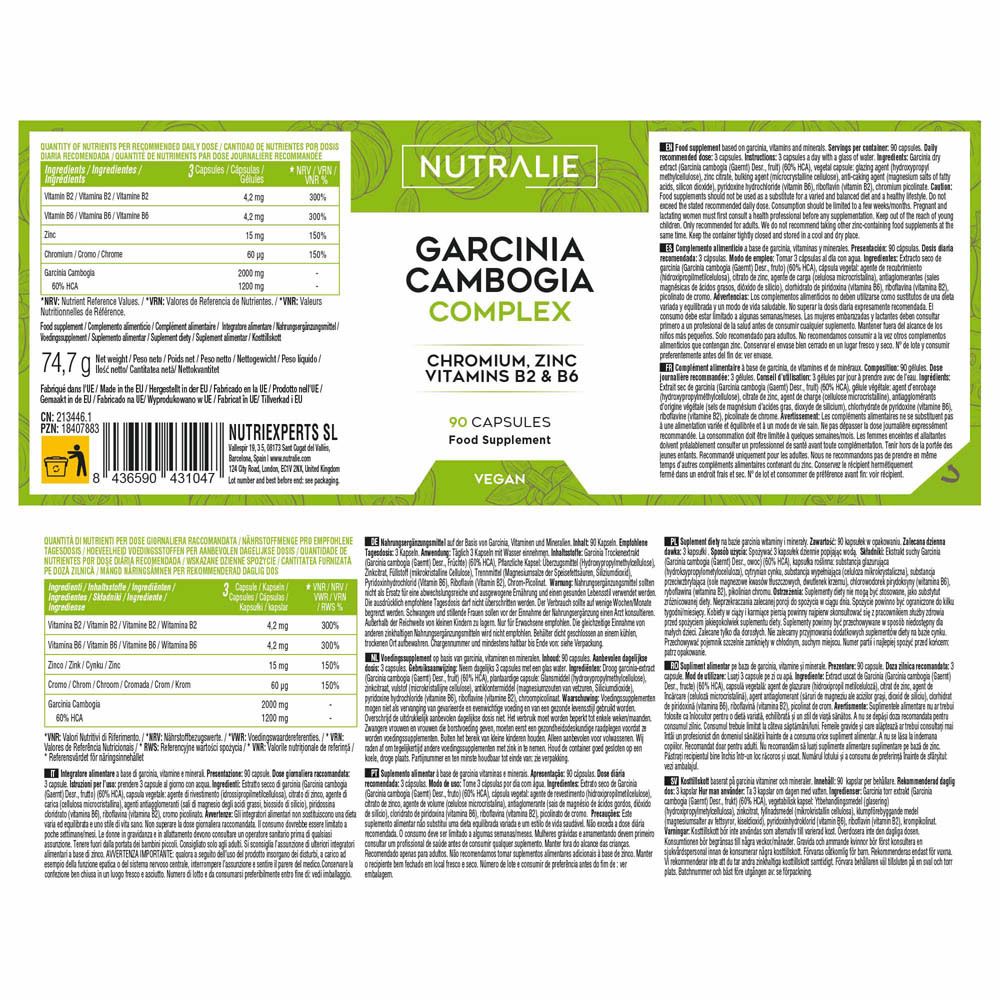 Flacon Nutralie Garcinia Cambogia Complex avec informations détaillées sur l'étiquette.