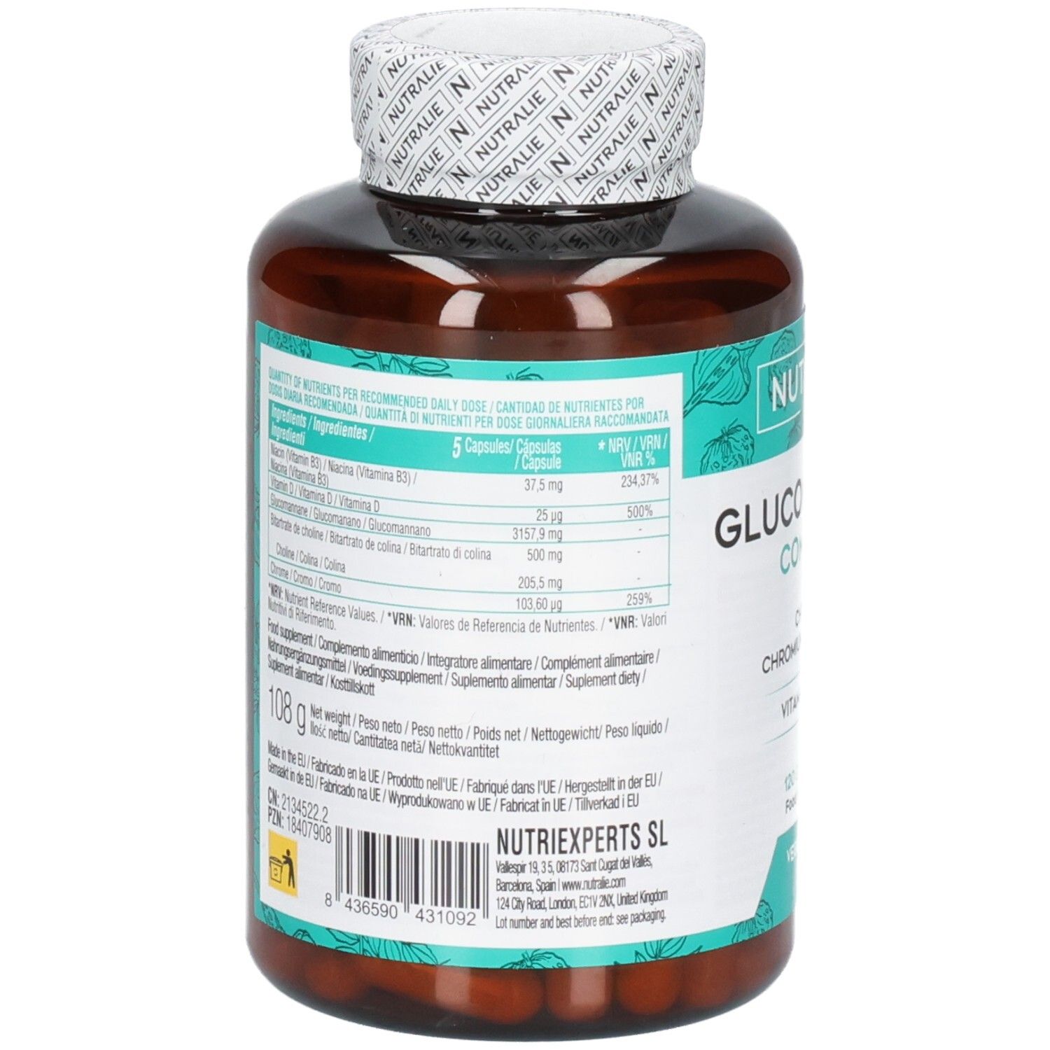 Arrière de la bouteille Nutralie Glucomannan Complex avec informations nutritionnelles.