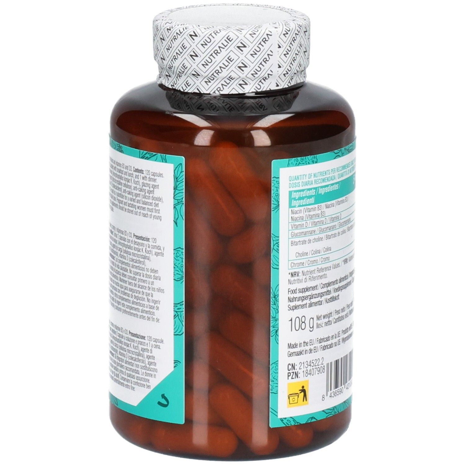 Vue latérale de la bouteille Nutralie Glucomannan Complex, montrant les gélules à l'intérieur.