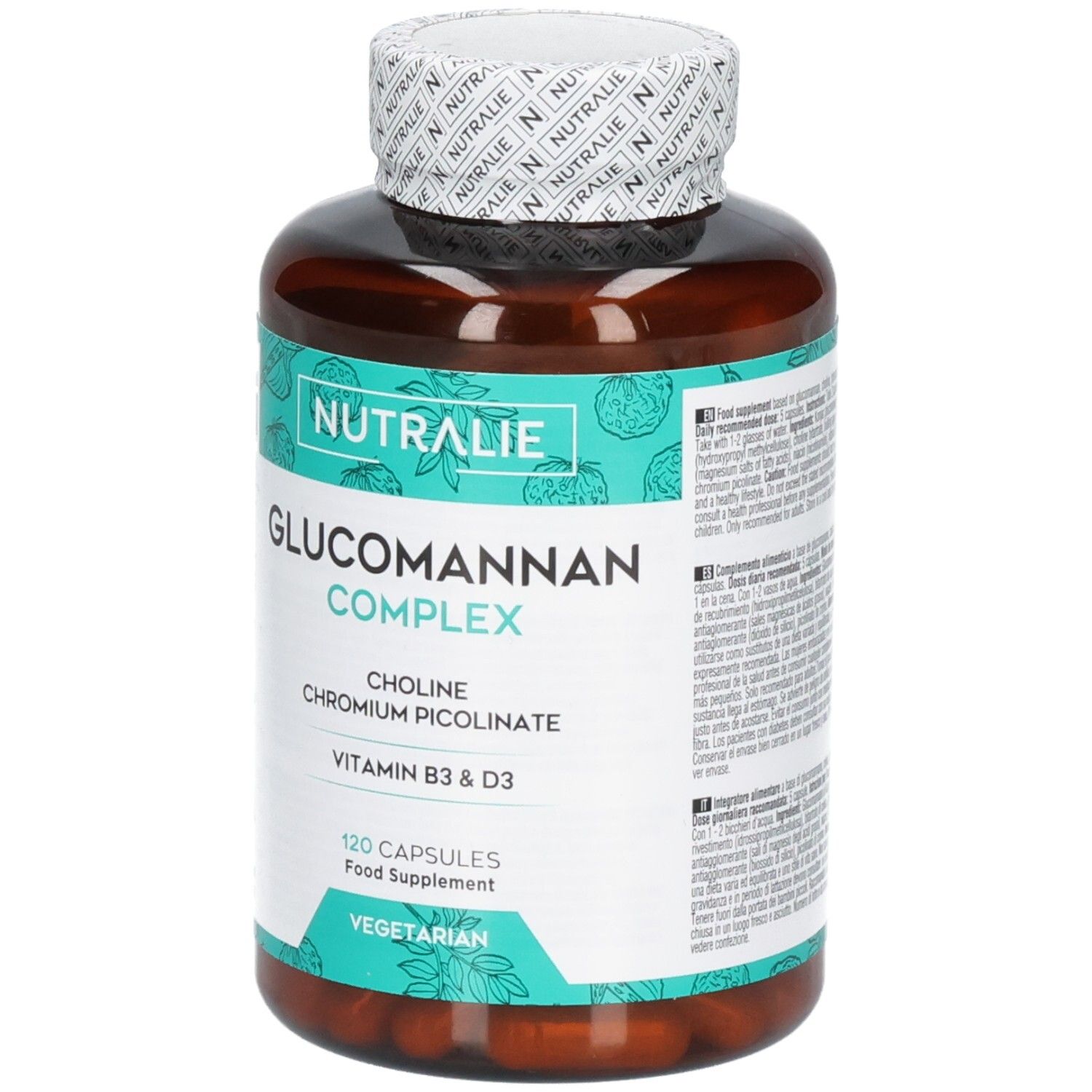 Vue avant de la bouteille Nutralie Glucomannan Complex, 120 gélules végétariennes.