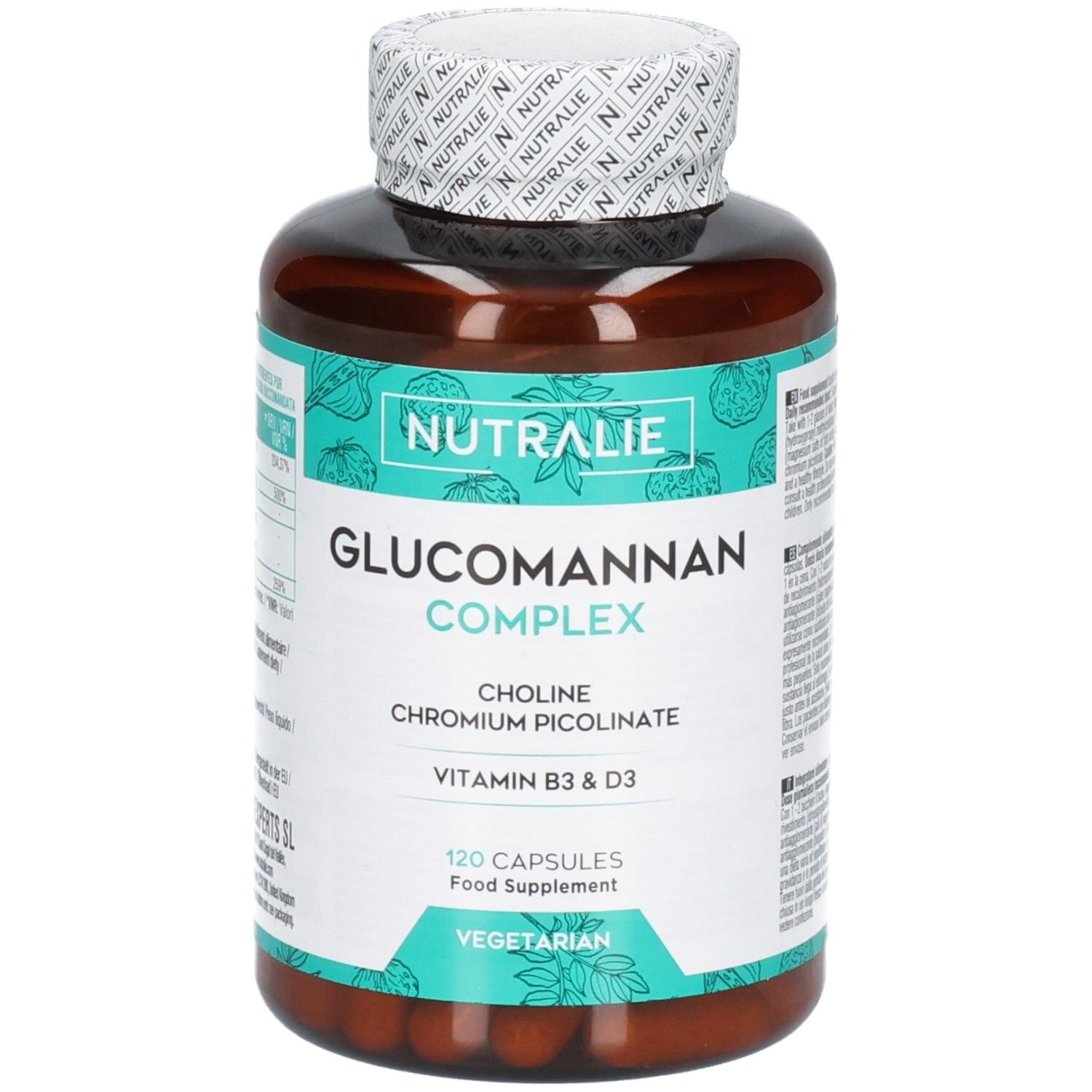 Bouteille Nutralie Glucomannan Complex avec 120 gélules végétariennes, vue de face.