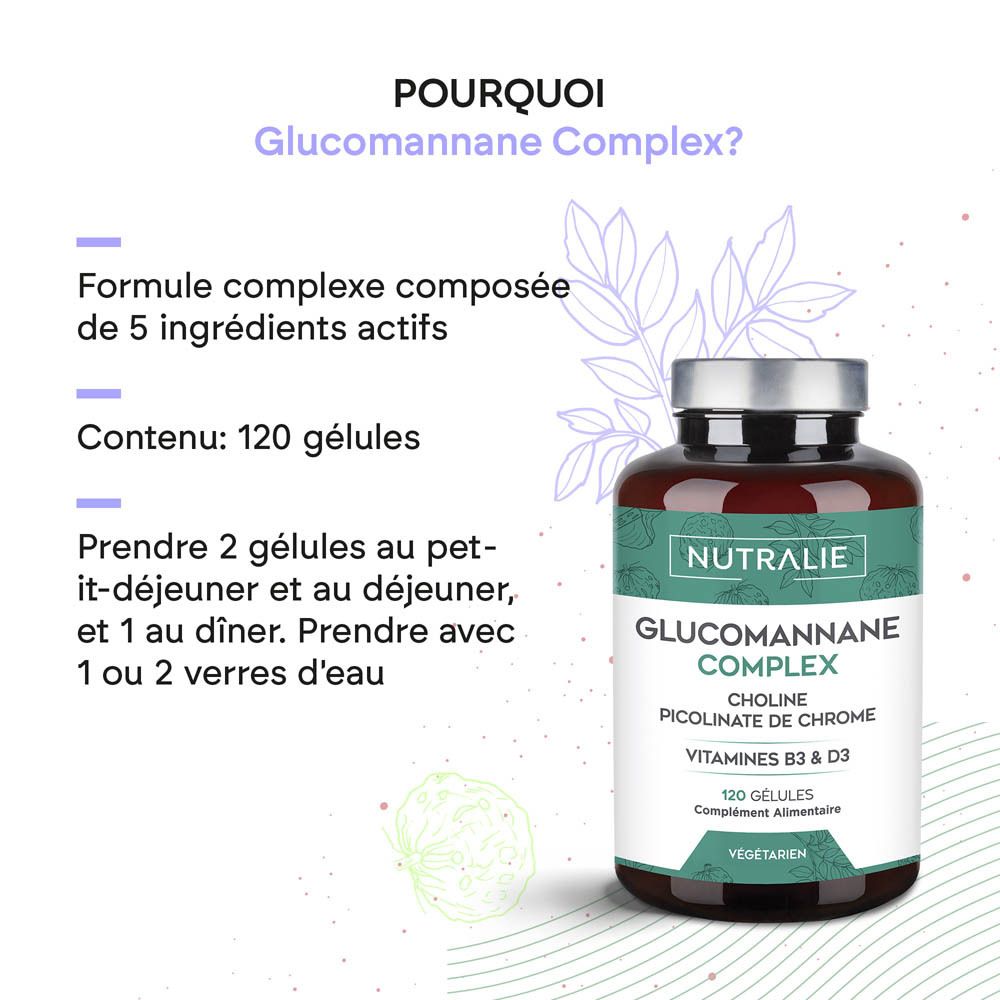 Vue latérale de la bouteille Nutralie Glucomannan Complex, étiquetage français.