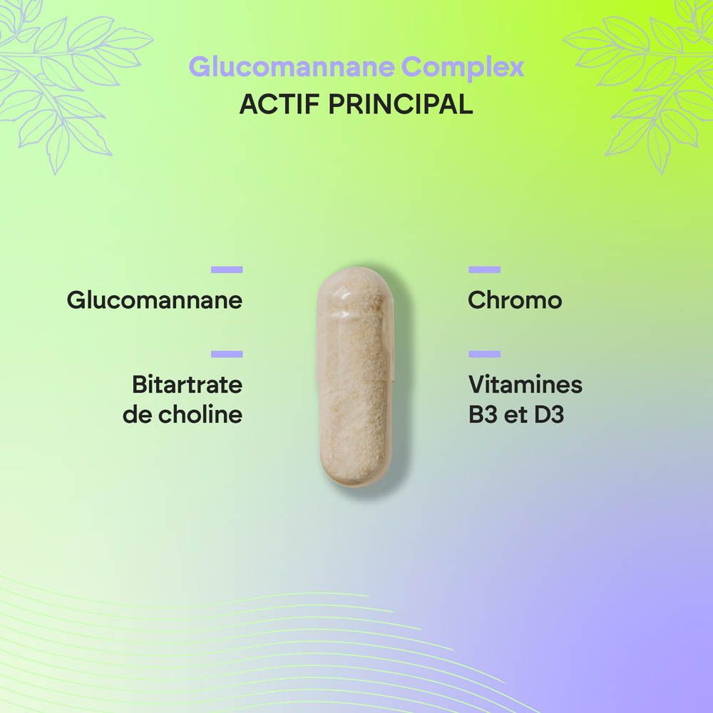 Vue avant de la bouteille Nutralie Glucomannan Complex, étiquetage français.