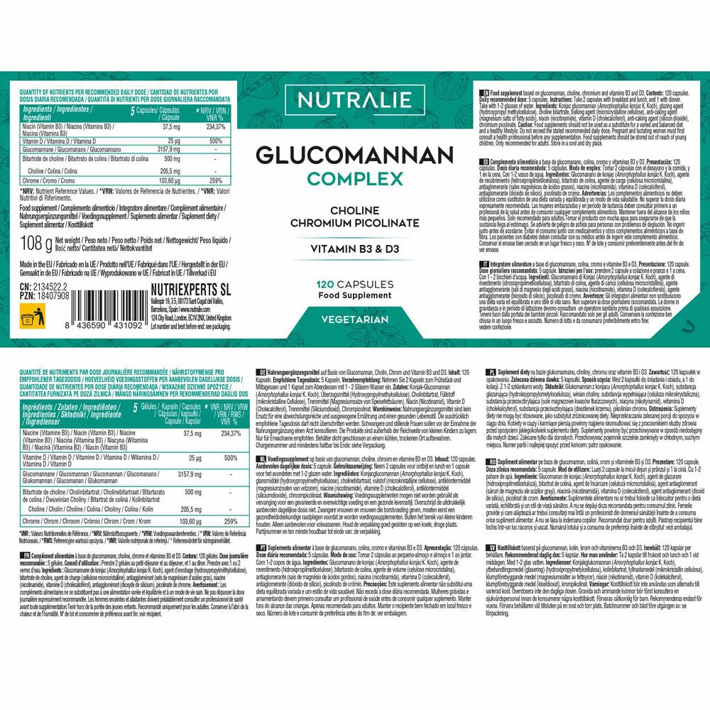 Vue détaillée des ingrédients sur la bouteille Nutralie Glucomannan Complex, en français.