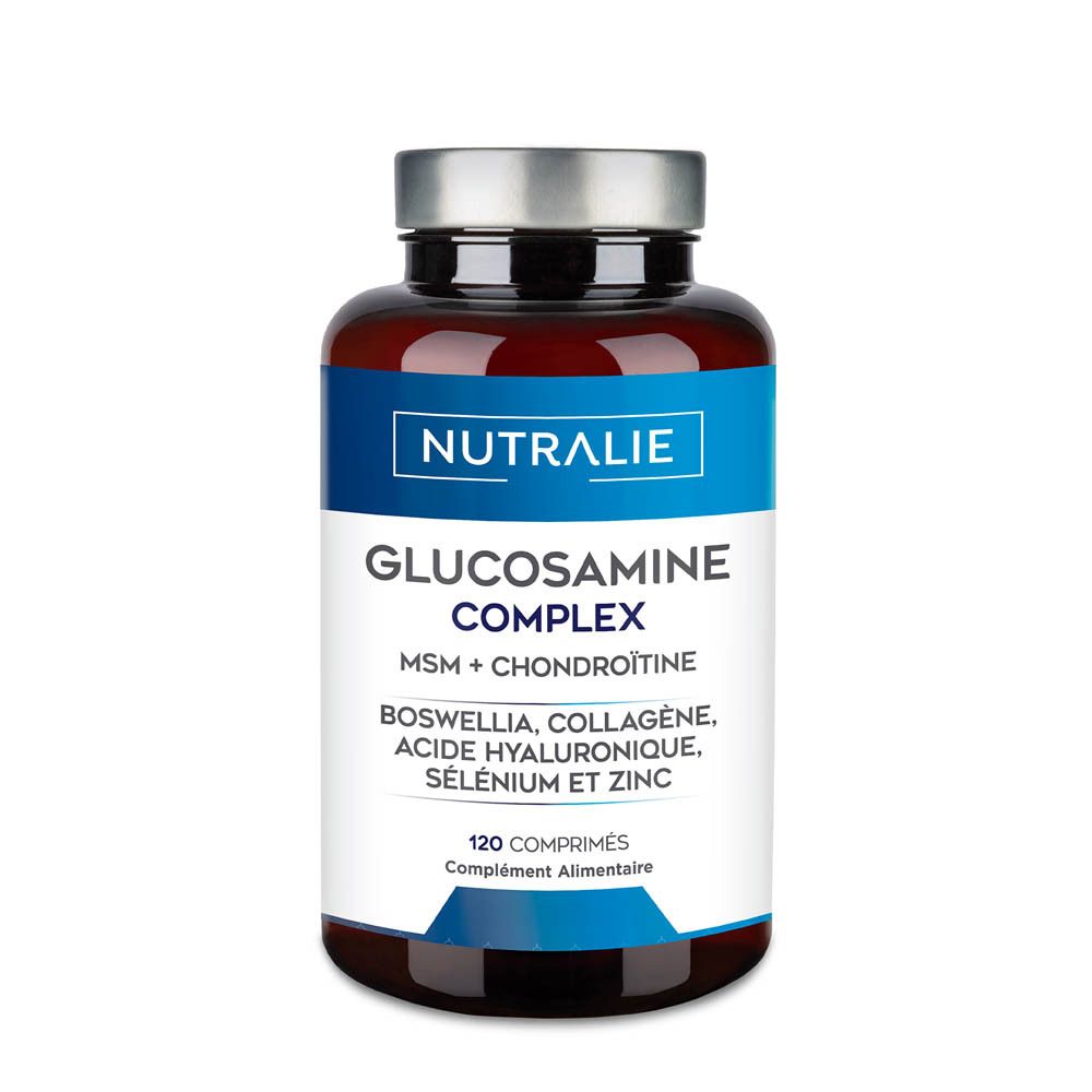 Nutralie Glucosamine Complex: Bouteille brune de 120 comprimés. Contient MSM, Chondroïtine, Boswellia, Collagène, Acide Hyaluronique, Sélénium & Zinc.