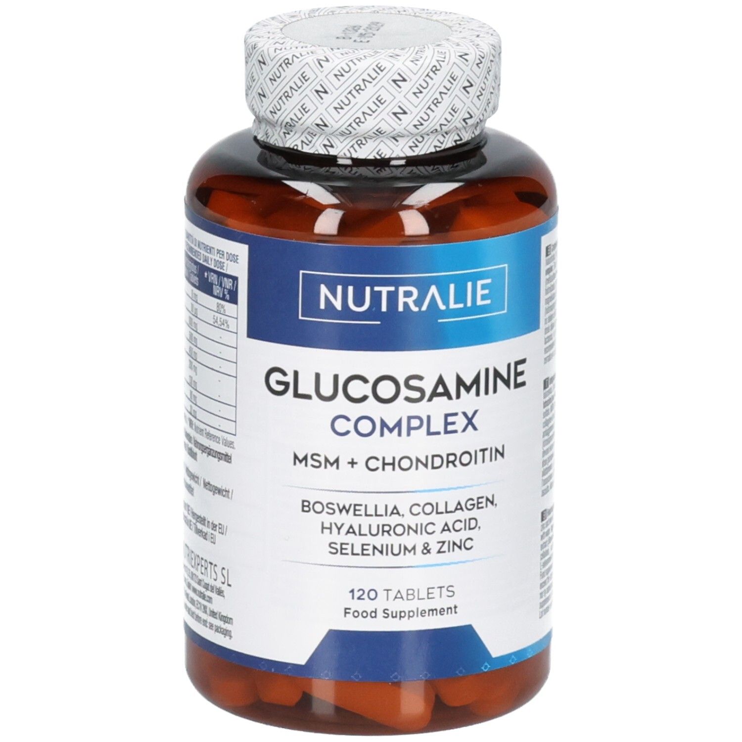 Nutralie Glucosamine Complex: Bouteille brune de 120 comprimés. Contient MSM, Chondroïtine, Boswellia, Collagène, Acide Hyaluronique, Sélénium & Zinc.