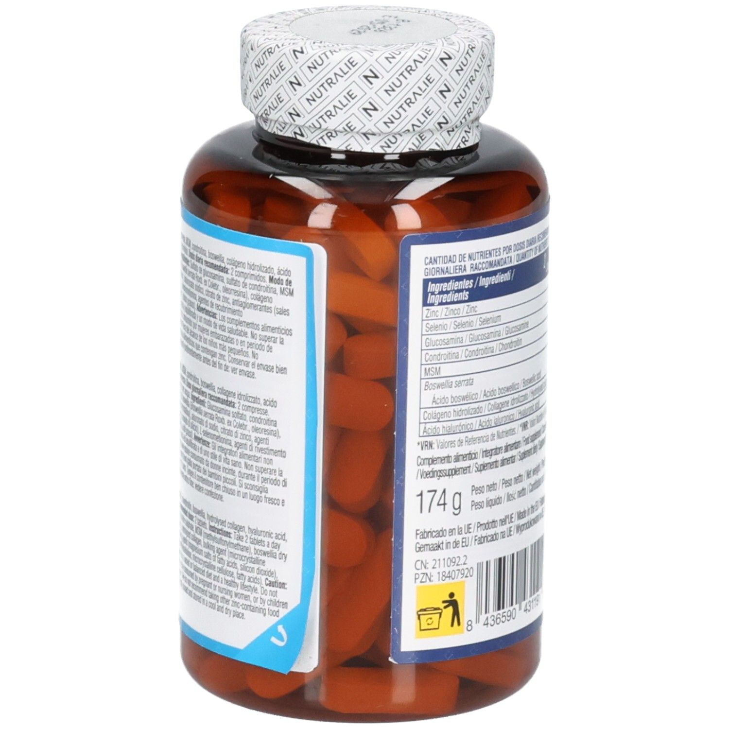 Nutralie Glucosamine Complex: Vue latérale de la bouteille avec informations nutritionnelles et ingrédients. 120 comprimés.