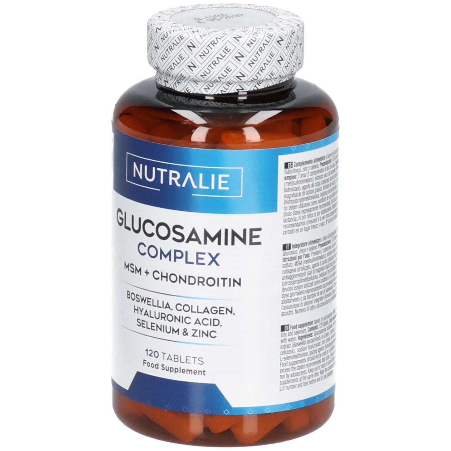 Nutralie Glucosamine Complex: Bouteille brune de 120 comprimés. Contient MSM, Chondroïtine, Boswellia, Collagène, Acide Hyaluronique, Sélénium & Zinc.
