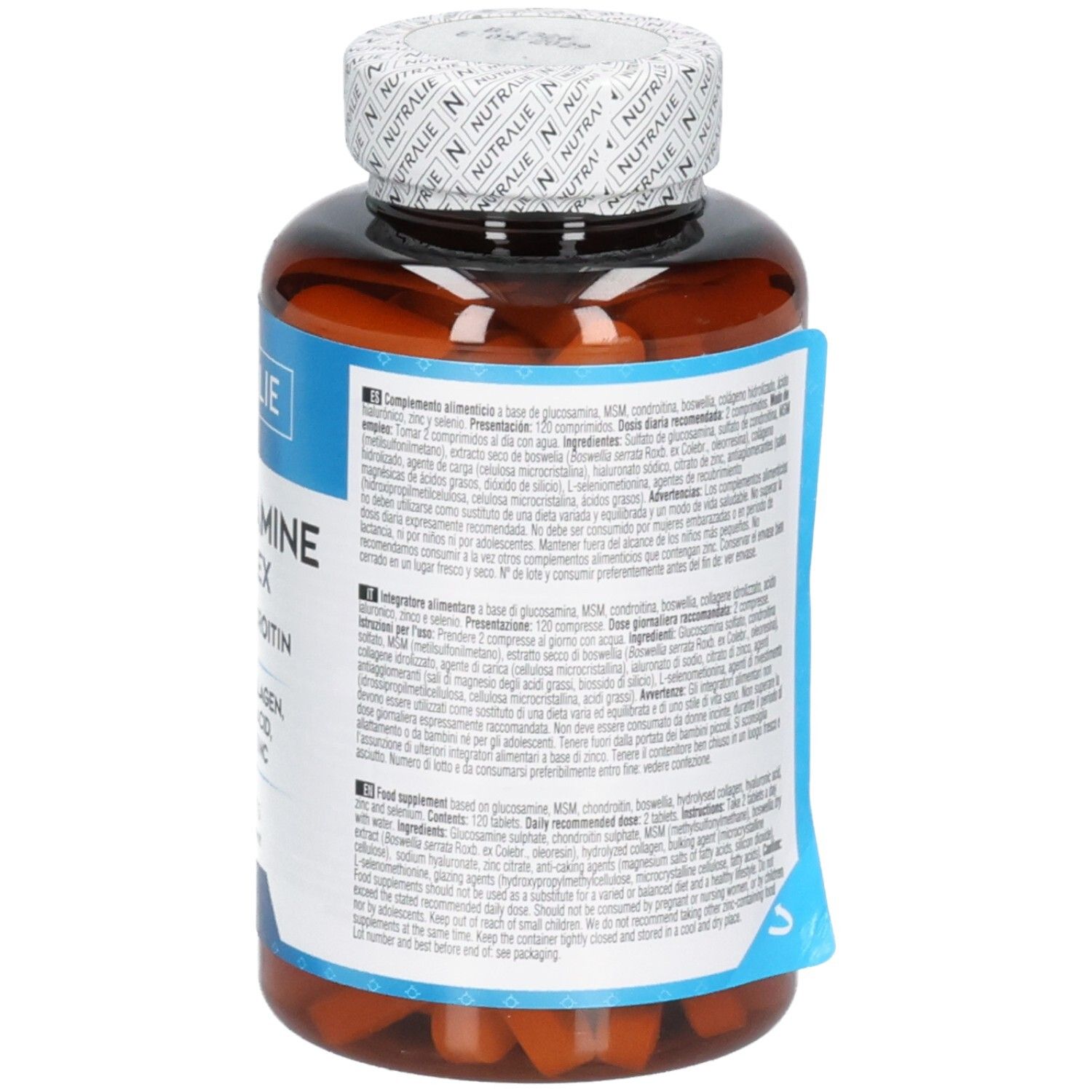 Nutralie Glucosamine Complex: Arrière de la bouteille avec informations détaillées sur les ingrédients et l'utilisation. 120 comprimés.