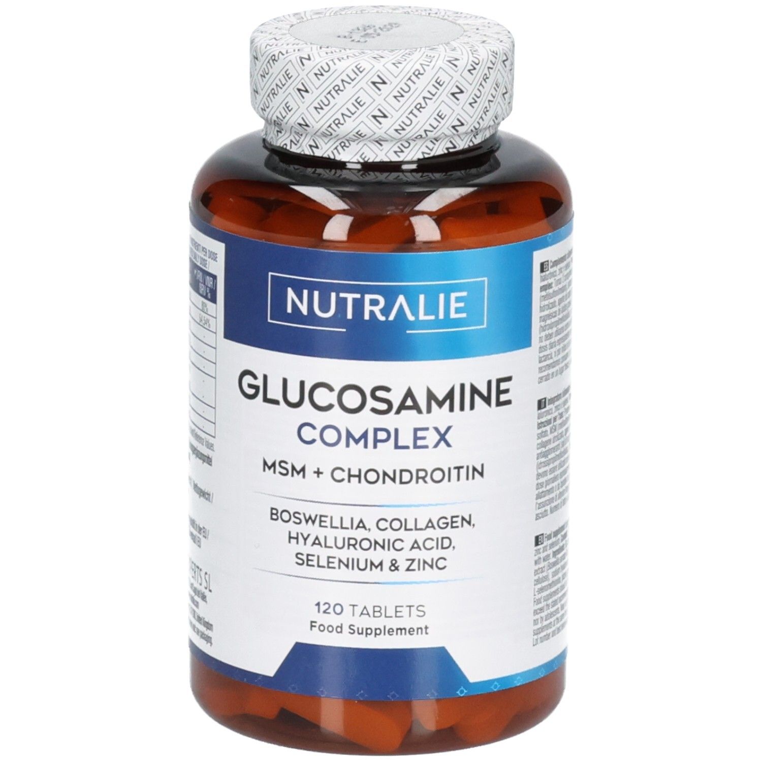 Nutralie Glucosamine Complex: Avant de la bouteille avec nom du produit et ingrédients. 120 comprimés.