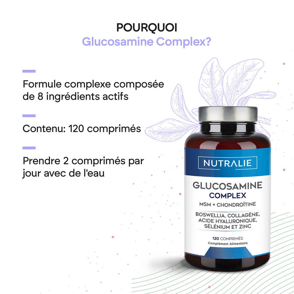 Nutralie Glucosamine Complex: Vue latérale de la bouteille avec informations nutritionnelles et ingrédients. 120 comprimés.