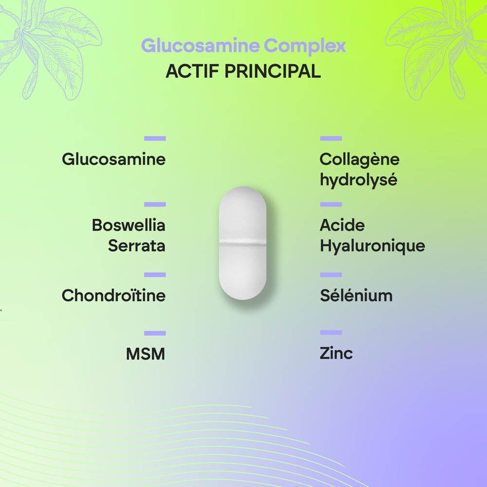 Nutralie Glucosamine Complex: Avant de la bouteille avec nom du produit et ingrédients. 120 comprimés.