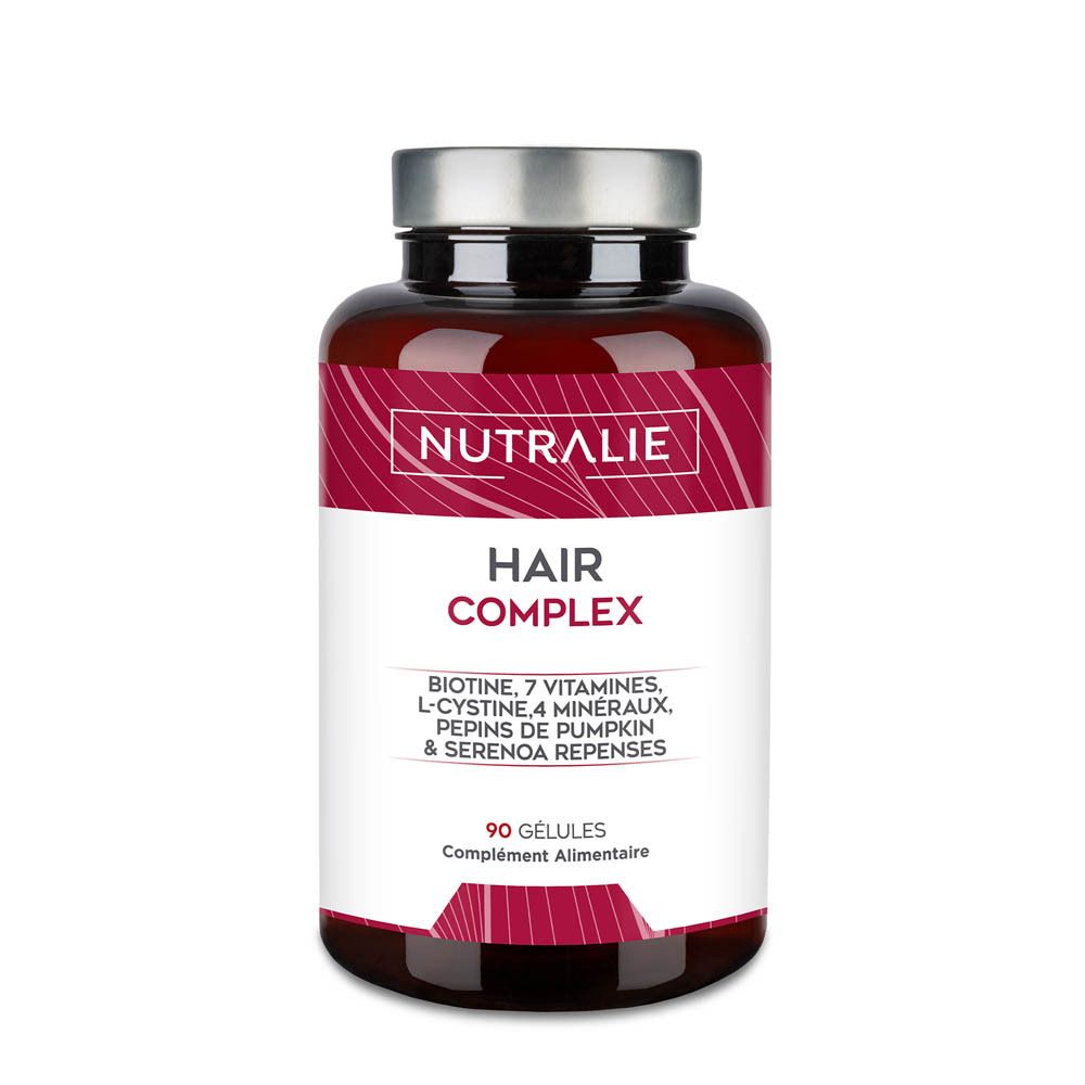 Nutralie Hair Complex : Flacon brun avec étiquette bordeaux, 90 gélules.
