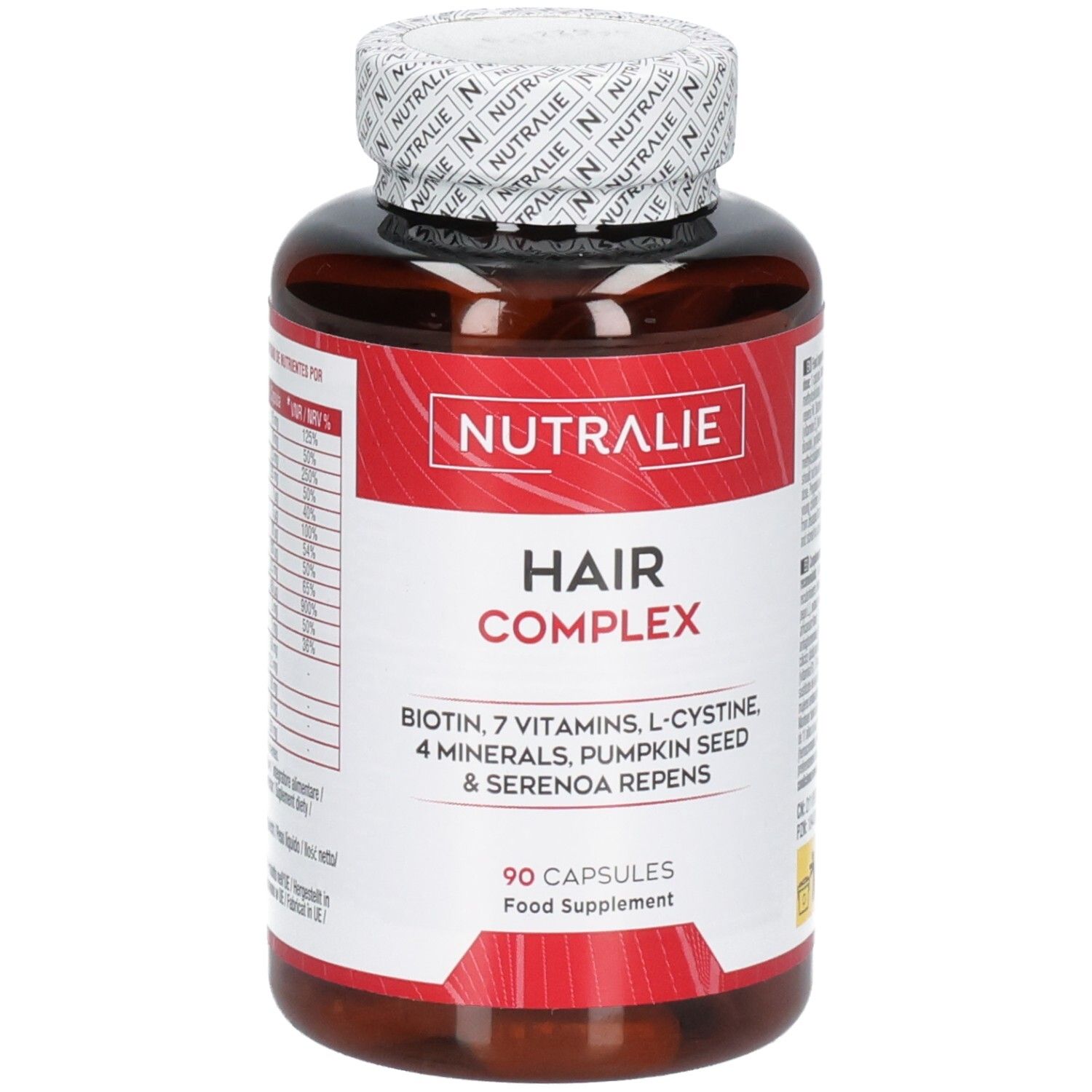 Gélules Nutralie Hair Complex : Flacon brun avec étiquette rouge, 90 gélules.
