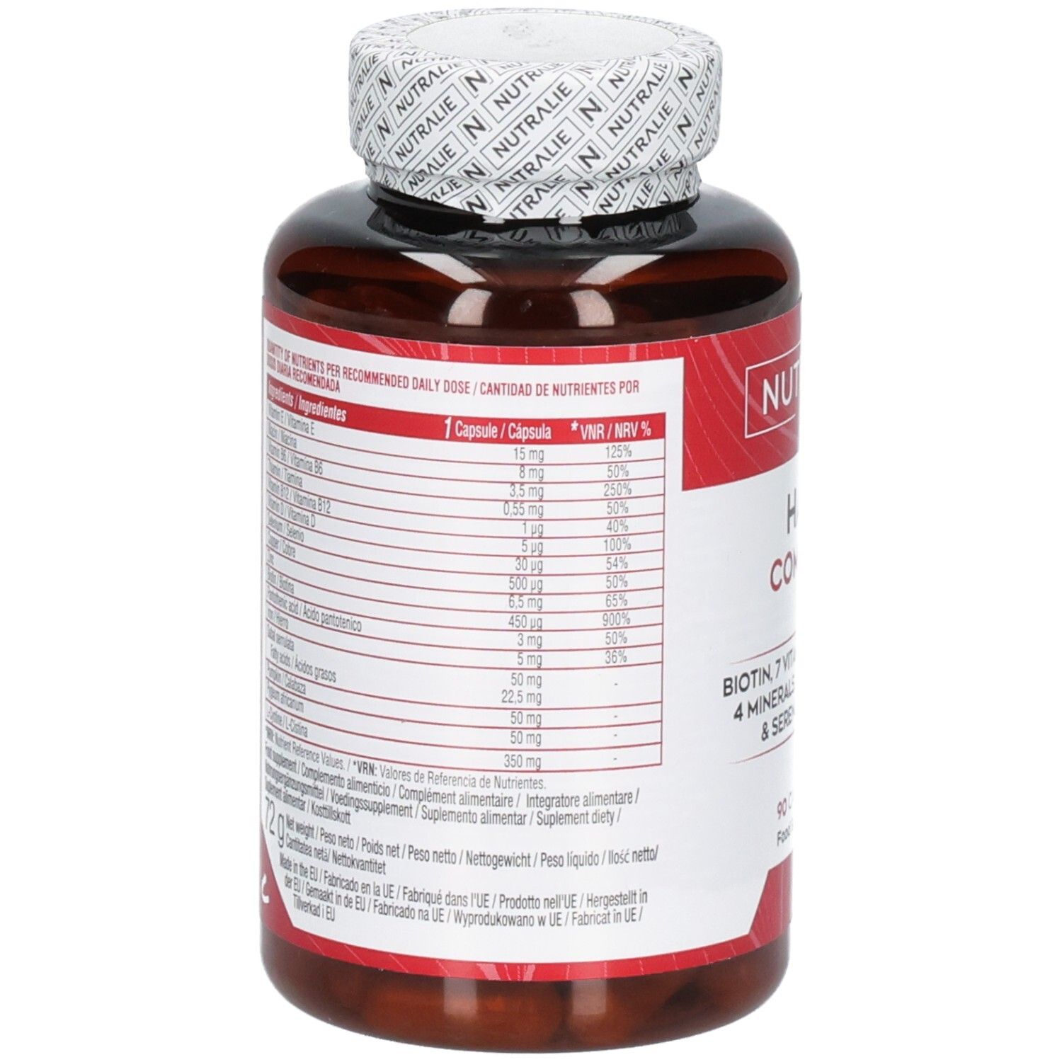 Nutralie Hair Complex : Arrière du flacon avec tableau nutritionnel et ingrédients.