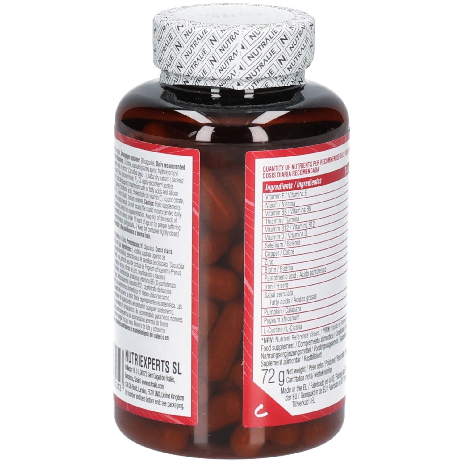 Nutralie Hair Complex : Vue latérale du flacon avec détails des ingrédients.
