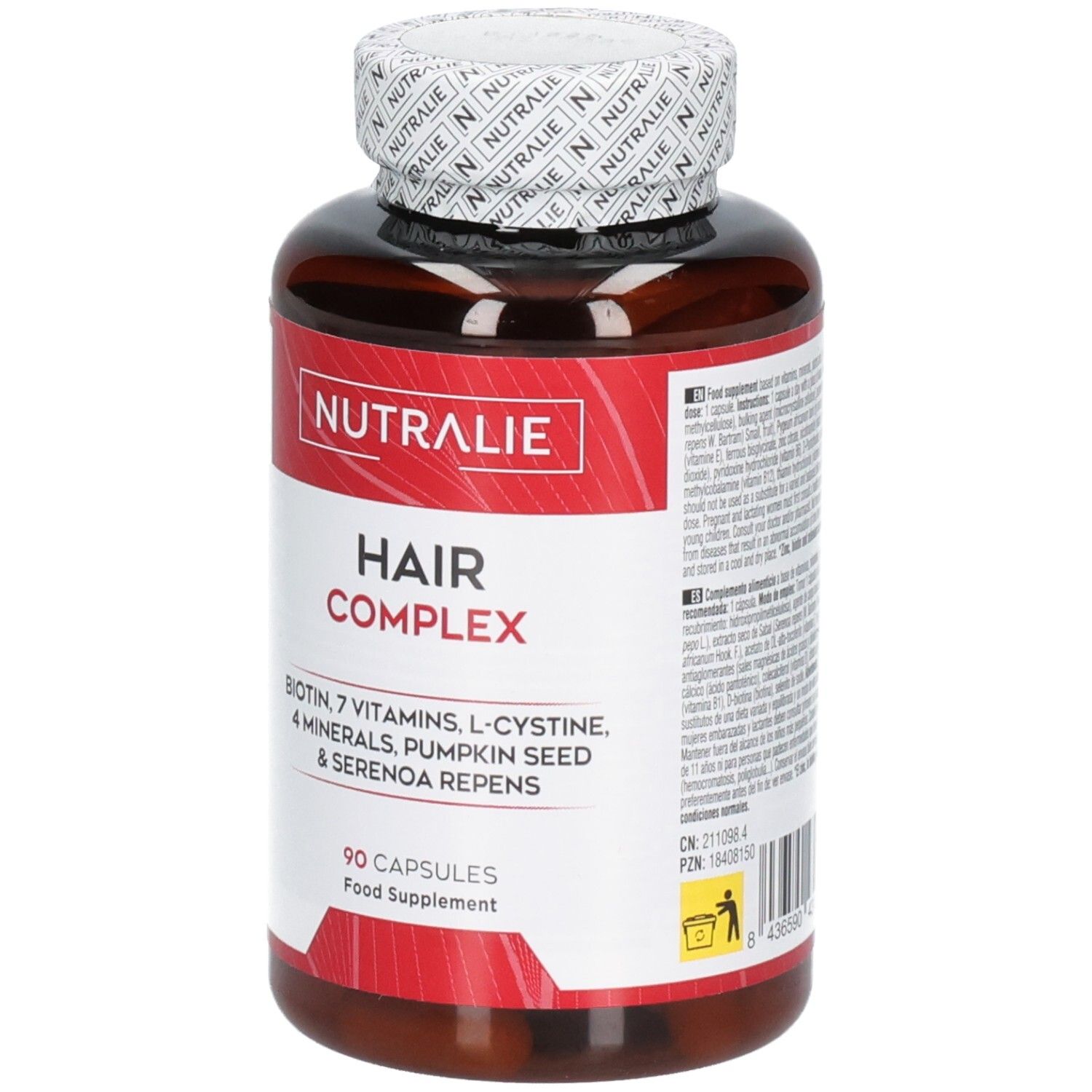 Nutralie Hair Complex : Flacon avec étiquette rouge, 90 gélules, complément alimentaire.