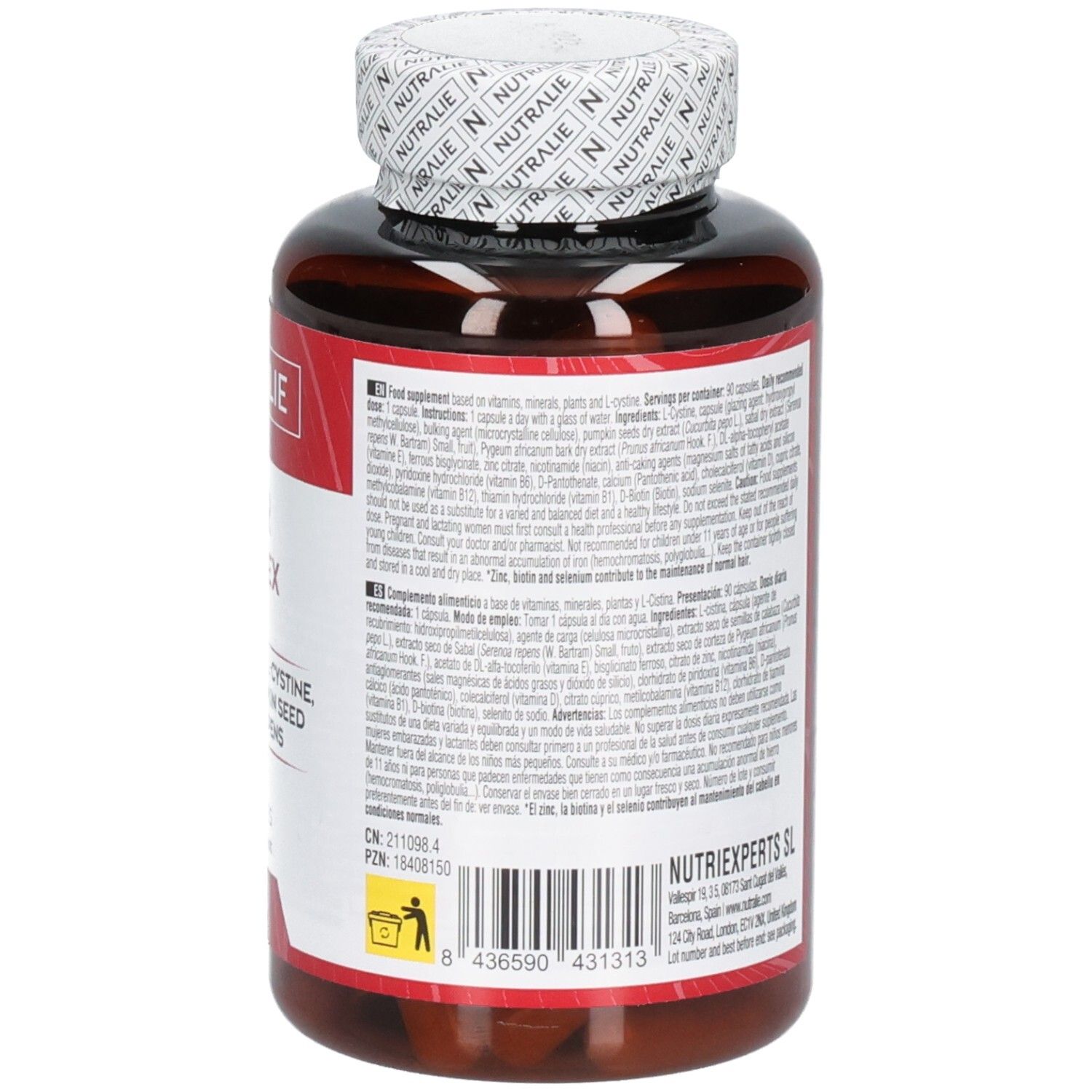 Nutralie Hair Complex : Arrière du flacon avec informations détaillées et code-barres.