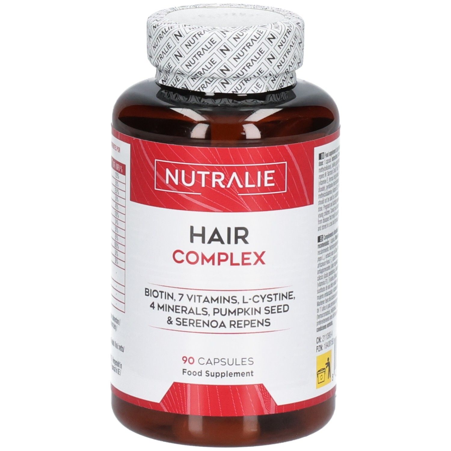 Nutralie Hair Complex : Flacon avec étiquette rouge, 90 gélules, complément alimentaire.