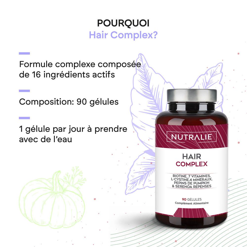 Nutralie Hair Complex : Vue latérale du flacon avec liste des ingrédients et informations.