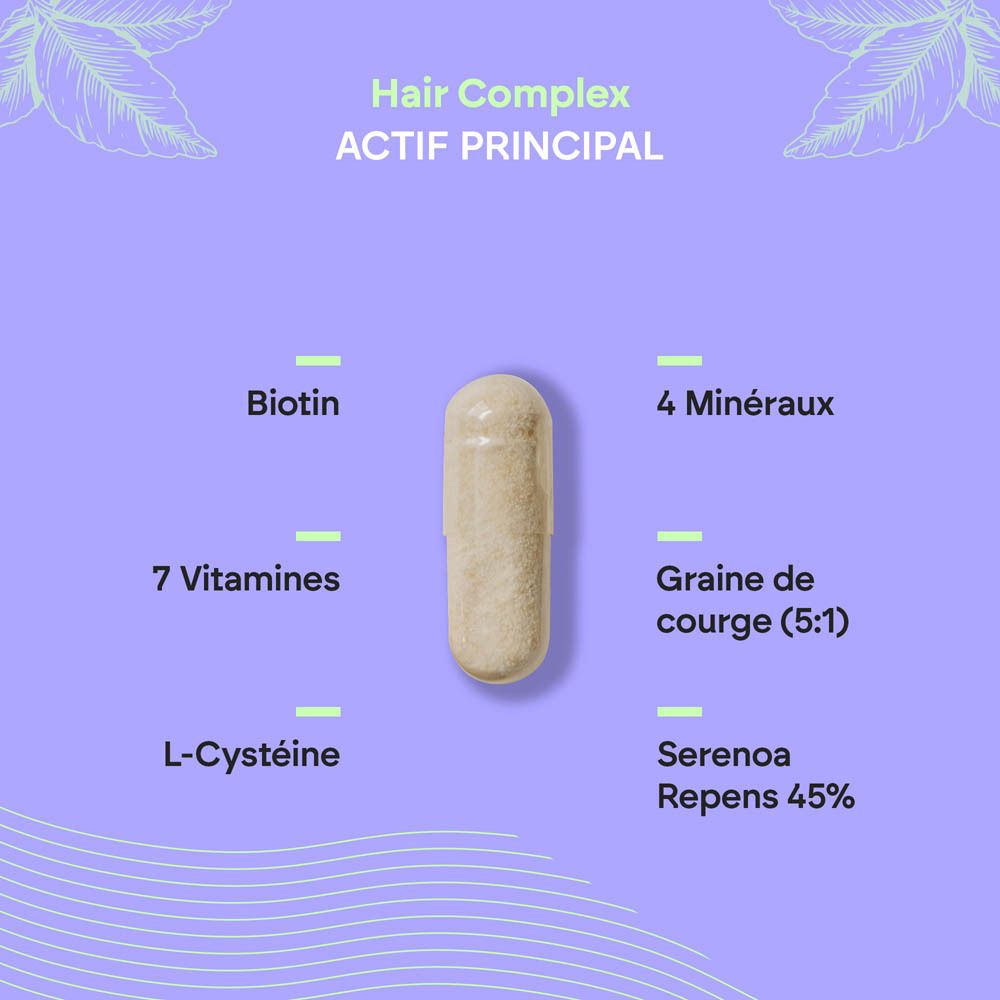 Nutralie Hair Complex : Flacon avec étiquette bordeaux, 90 gélules, complément alimentaire.