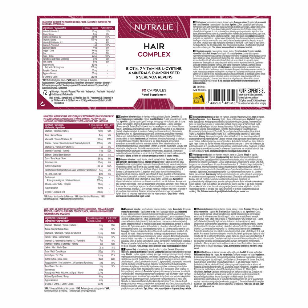 Nutralie Hair Complex : Flacon avec étiquette bordeaux, 90 gélules, complément alimentaire.