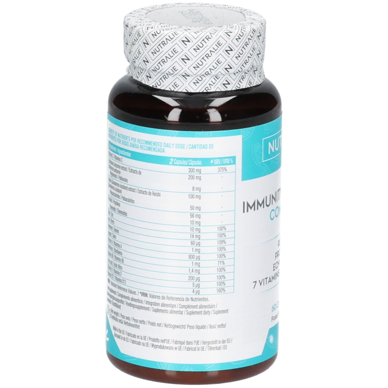Arrière de la bouteille Nutralie Immunity Booster Complex avec informations nutritionnelles.