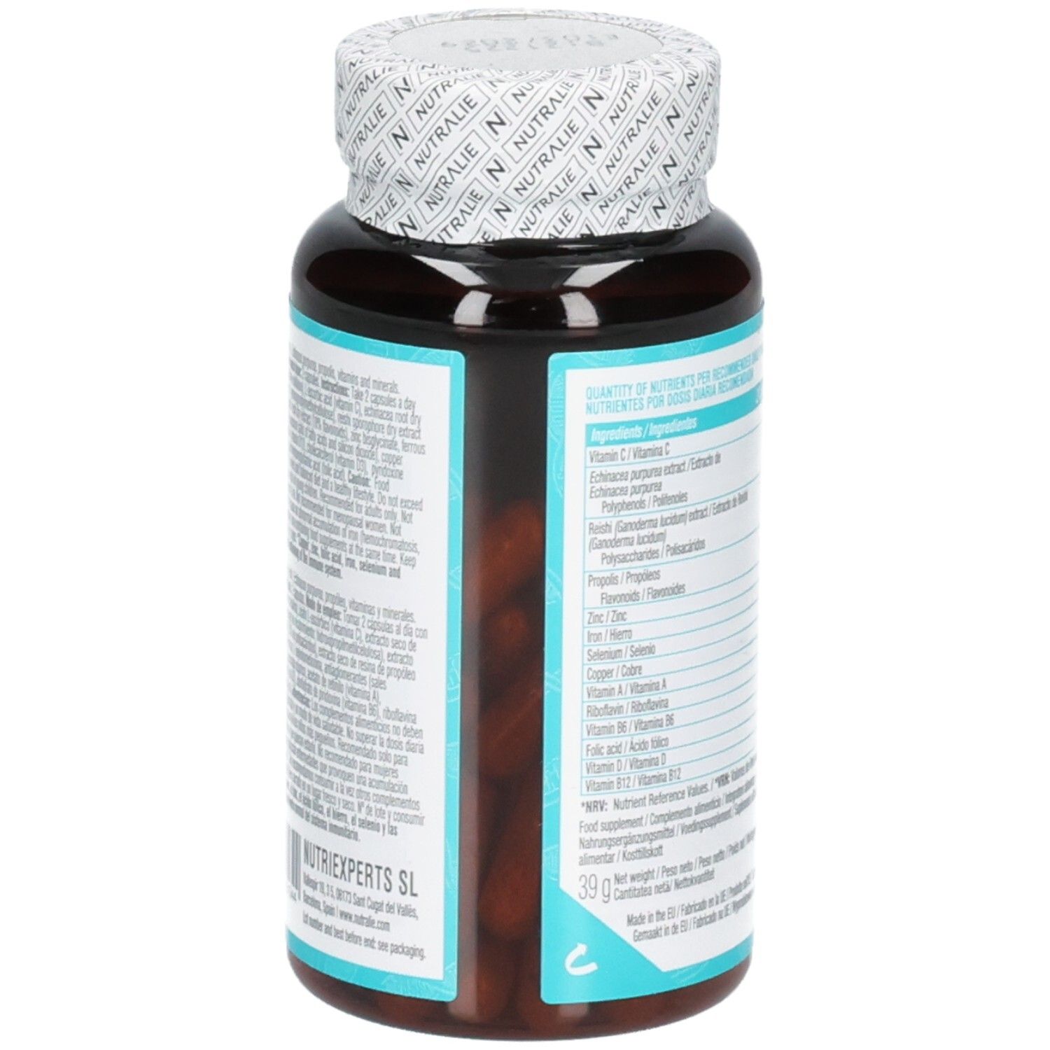 Vue latérale de la bouteille Nutralie Immunity Booster Complex avec liste des ingrédients.