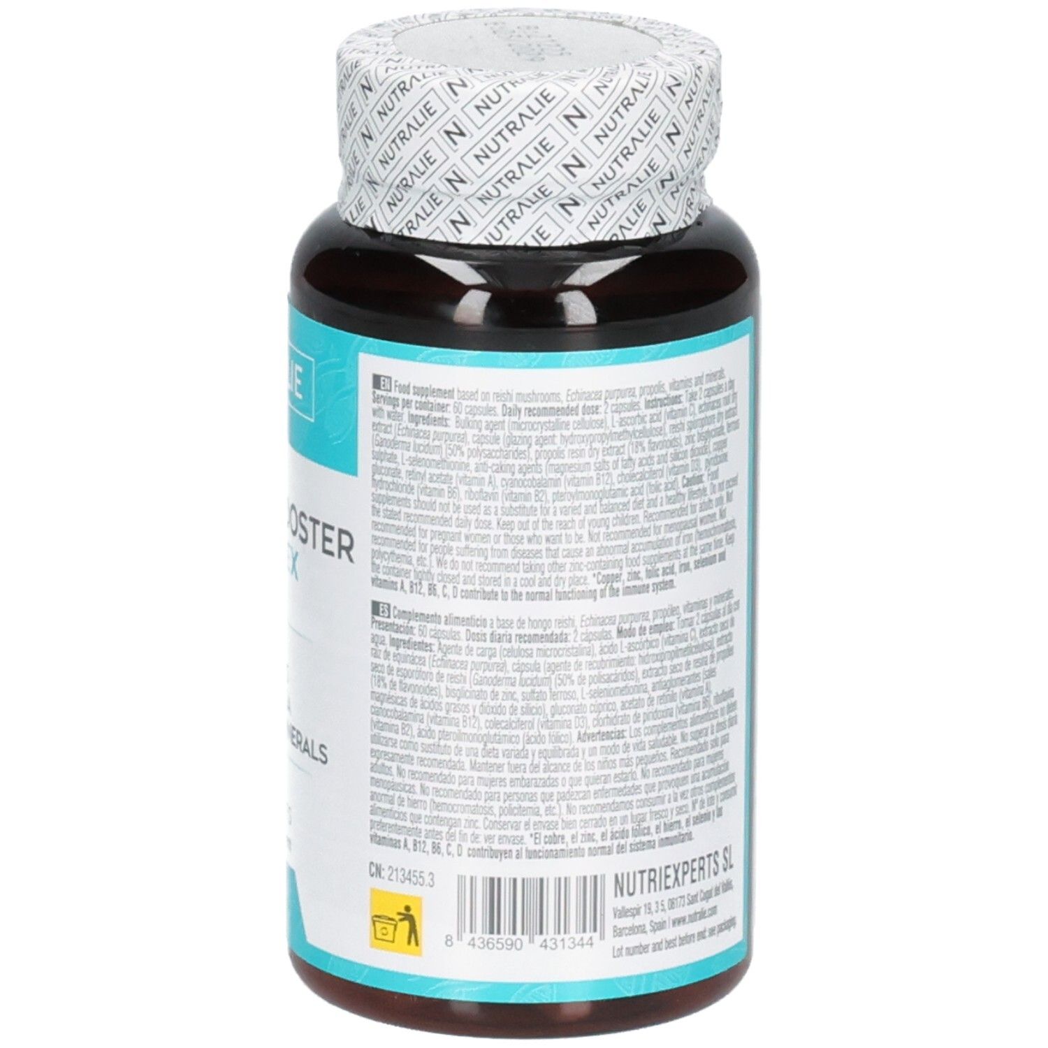 Arrière de la bouteille Nutralie Immunity Booster Complex avec informations détaillées.
