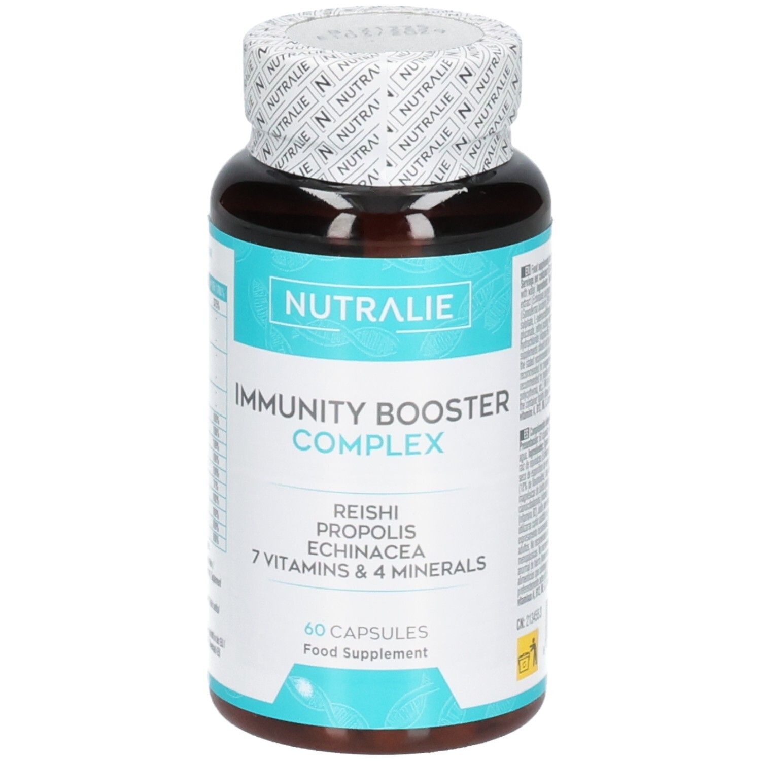 Bouteille Nutralie Immunity Booster Complex de 60 gélules, légèrement inclinée.