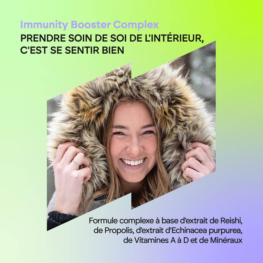 Arrière de la bouteille Nutralie Immunity Booster Complex avec informations nutritionnelles.