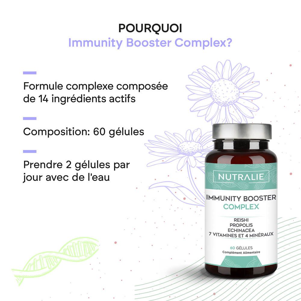 Vue latérale de la bouteille Nutralie Immunity Booster Complex avec liste des ingrédients.