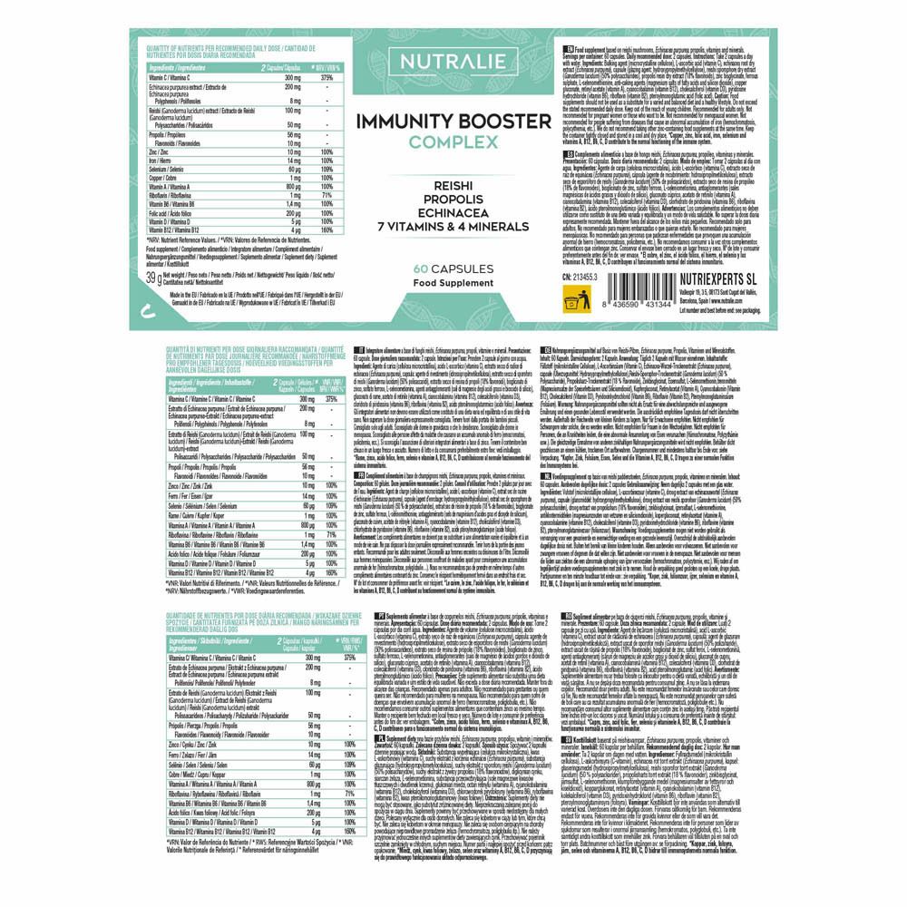 Bouteille Nutralie Immunity Booster Complex de 60 gélules, légèrement inclinée.
