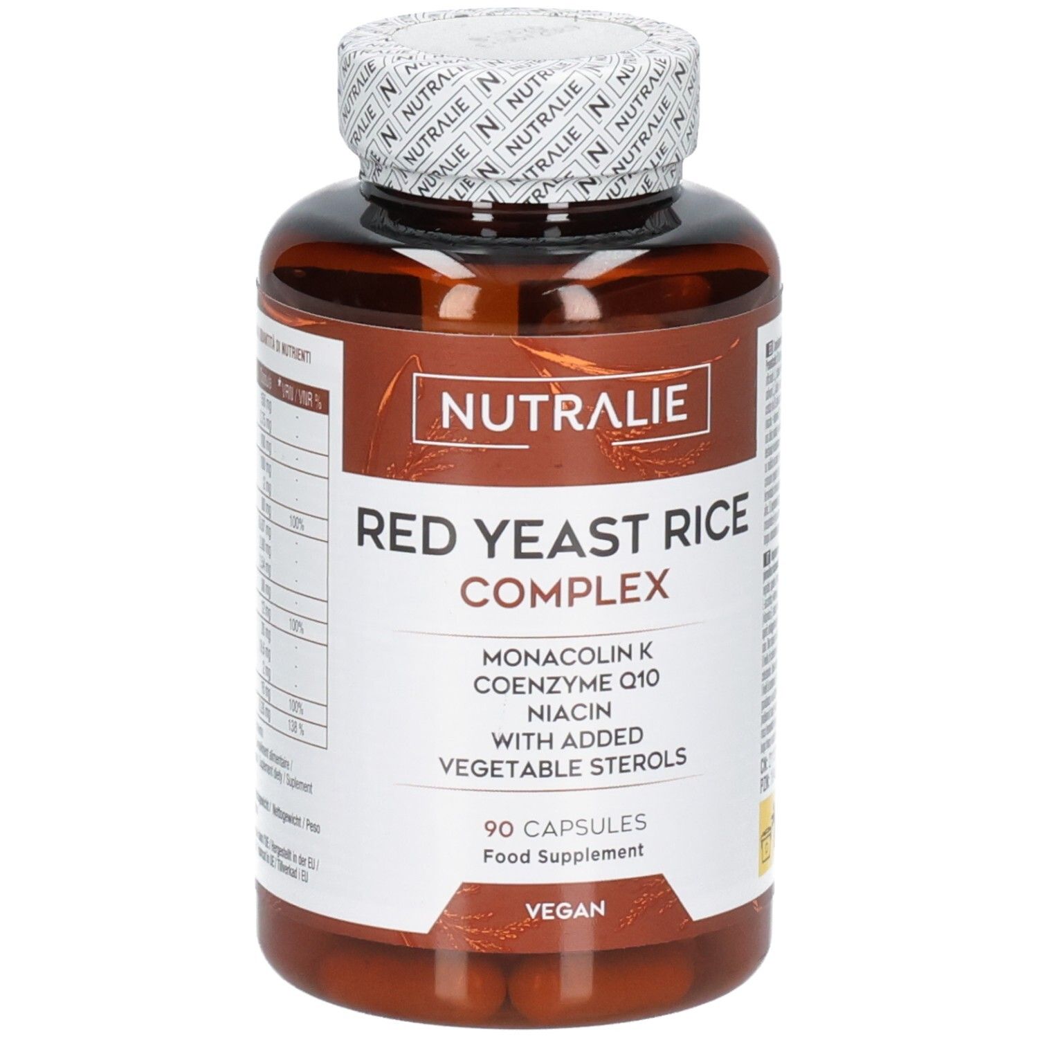 Nutralie Levure de Riz Rouge Complex, 90 gélules végétaliennes. Contient Monacoline K, Coenzyme Q10, Niacine.