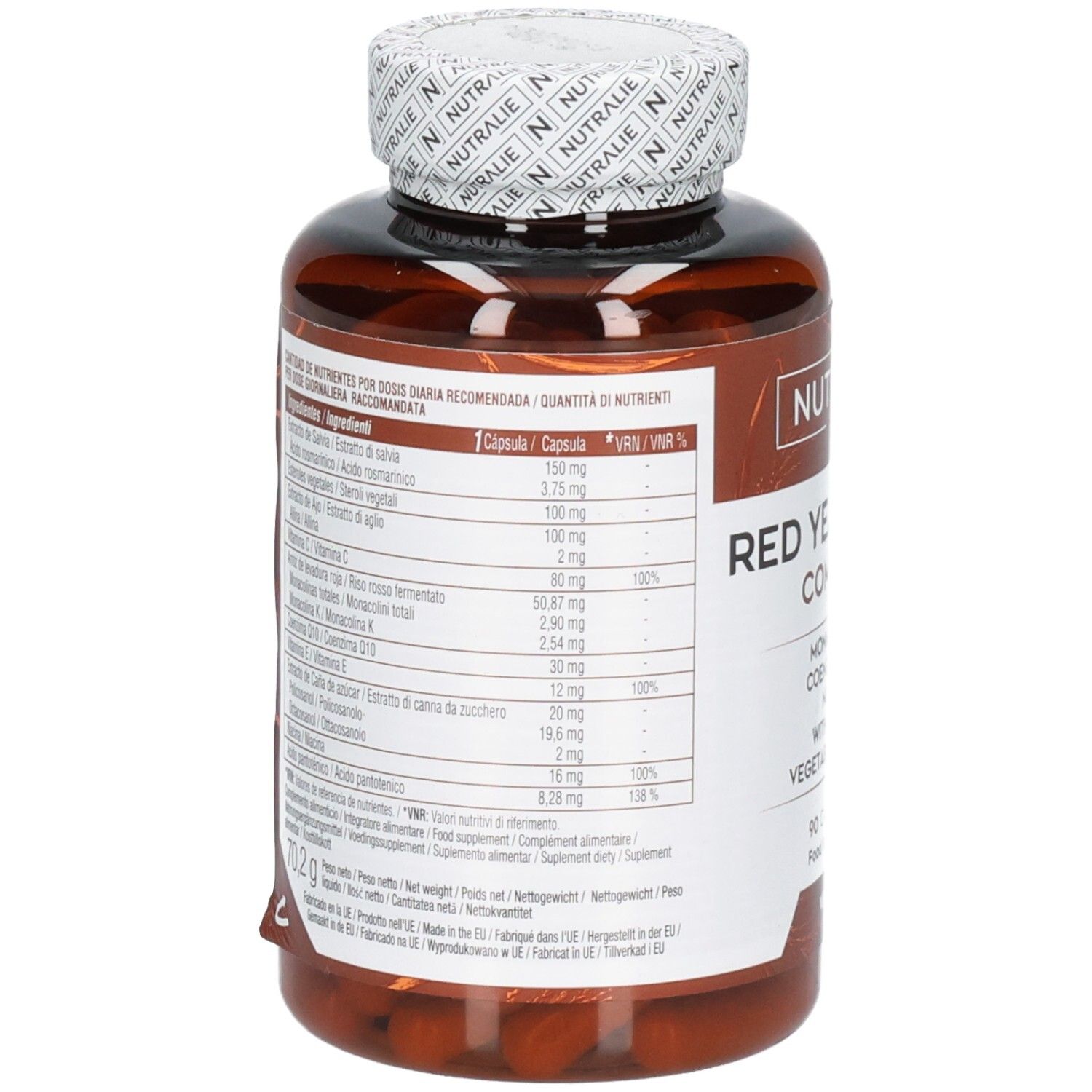 Nutralie Levure de Riz Rouge Complex: Liste des ingrédients et valeurs nutritionnelles par gélule. 90 gélules.