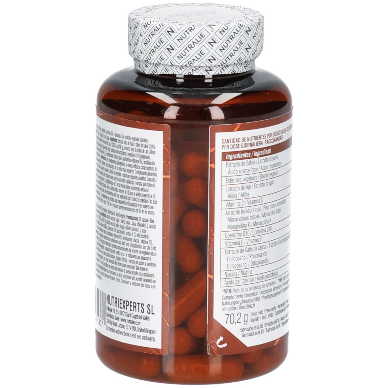 Nutralie Levure de Riz Rouge Complex: Dos avec liste des ingrédients et valeurs nutritionnelles. 90 gélules.