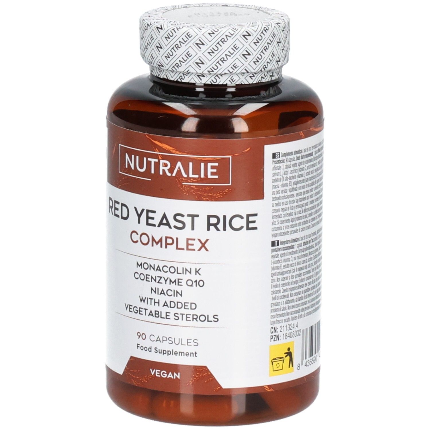 Nutralie Levure de Riz Rouge Complex, 90 gélules végétaliennes. Contient Monacoline K, Coenzyme Q10, Niacine.
