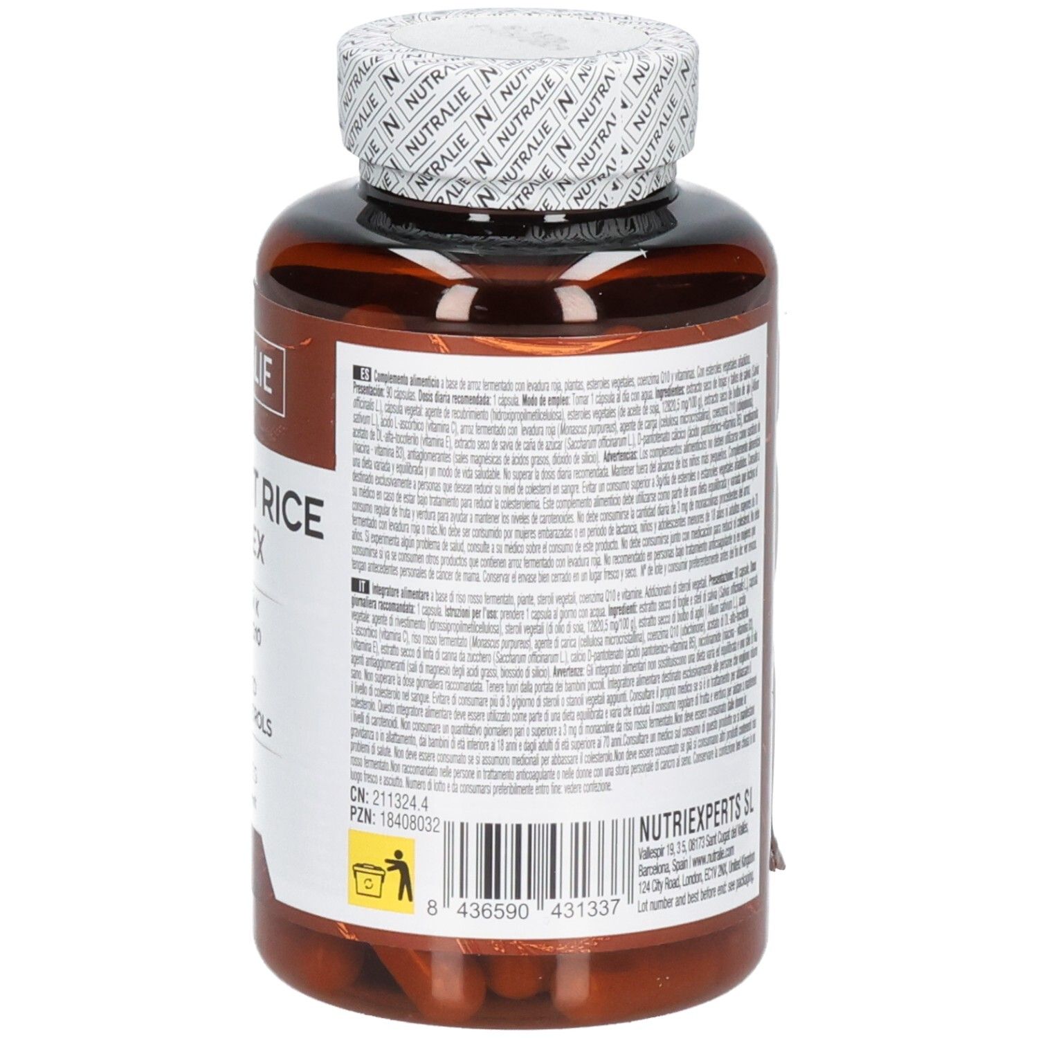 Nutralie Levure de Riz Rouge Complex: Dos avec informations détaillées et code-barres. 90 gélules.