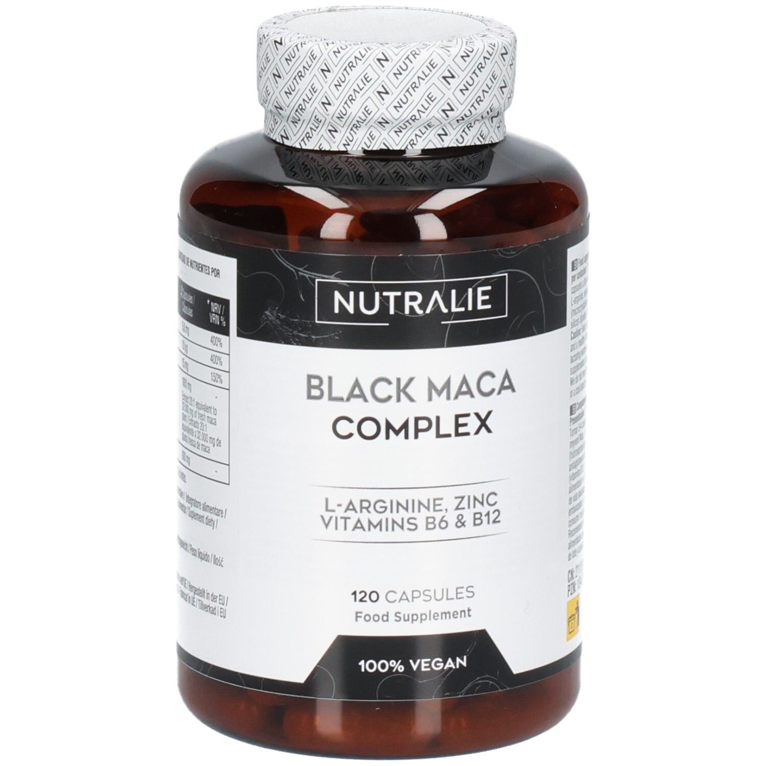 Nutralie Black Maca Complex : Flacon brun de 120 gélules, végan.