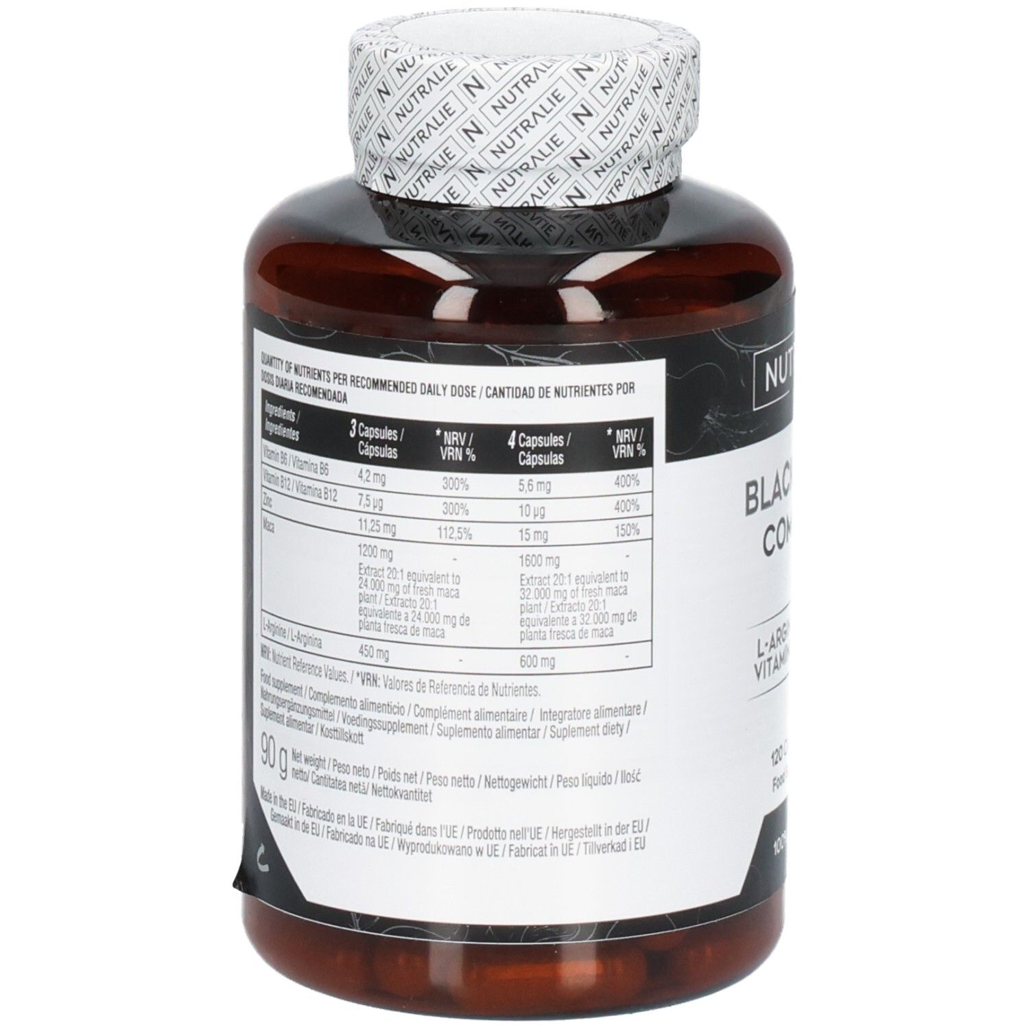Nutralie Black Maca Complex : Arrière du flacon avec informations nutritionnelles et ingrédients.